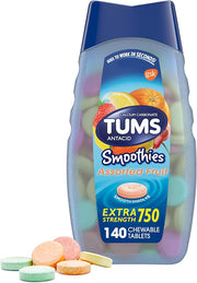 TUMS Smoothies Extra Strength Antacid Chewable Tablets for Heartburn Relief, Assorted Fruit - 140 Count