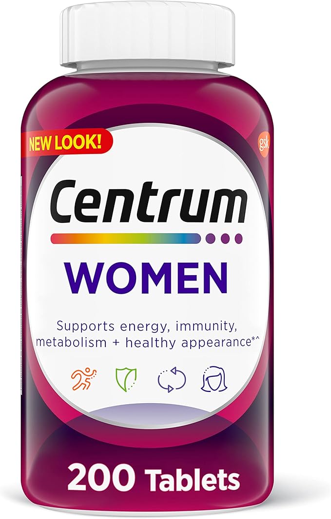 Centrum Multivitamin Tablet for Women, Multivitamin/Multimineral Supplement with Iron, Vitamin D3, B Vitamins and Antioxidant Vitamins C and E, Gluten Free, Non-GMO Ingredients - 200 Count