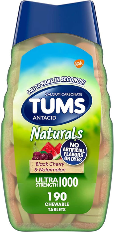 TUMS Naturals Ultra Strength Antacid Chews for Heartburn Relief, Great for a Summer BBQ - Black Cherry & Watermelon - 190 Count