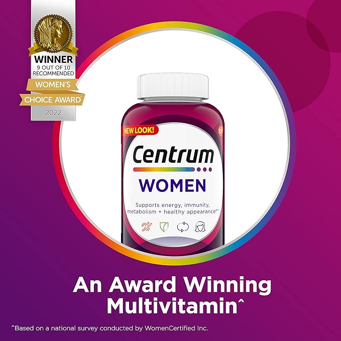 Centrum Multivitamin Tablet for Women, Multivitamin/Multimineral Supplement with Iron, Vitamin D3, B Vitamins and Antioxidant Vitamins C and E, Gluten Free, Non-GMO Ingredients - 200 Count